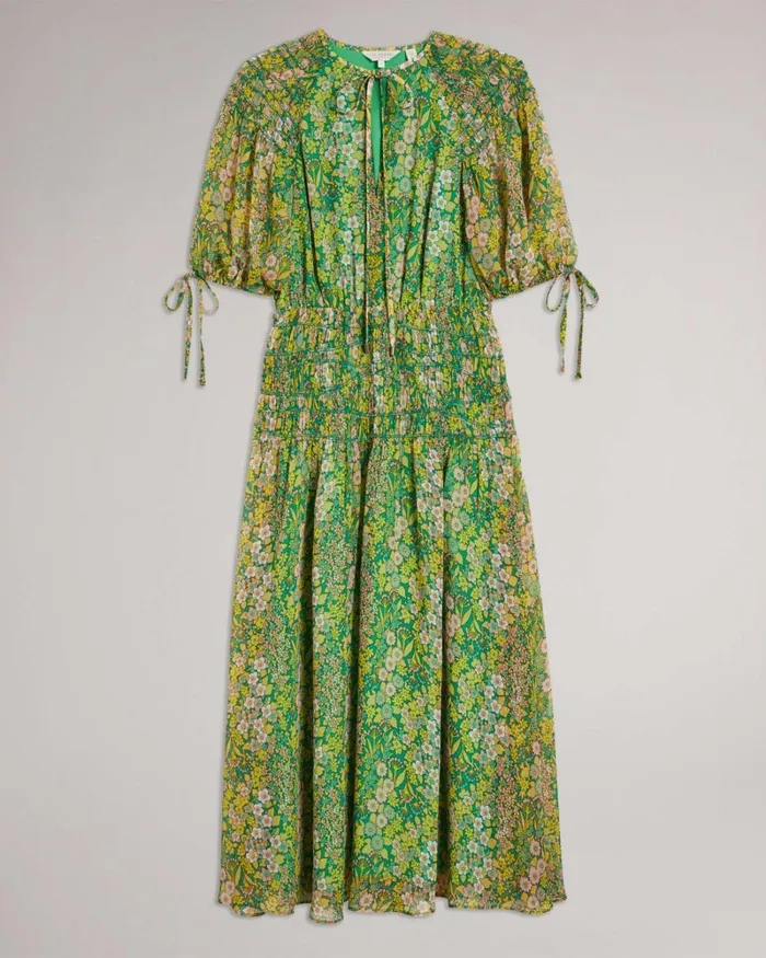 Asymmetric Smocking Midi Dress With Neck Tie Medium Green Women Ted Baker Dresses
