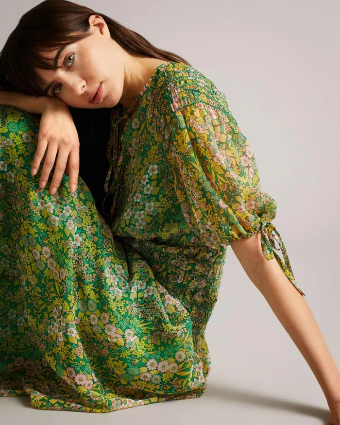 Asymmetric Smocking Midi Dress With Neck Tie Medium Green Women Ted Baker Dresses