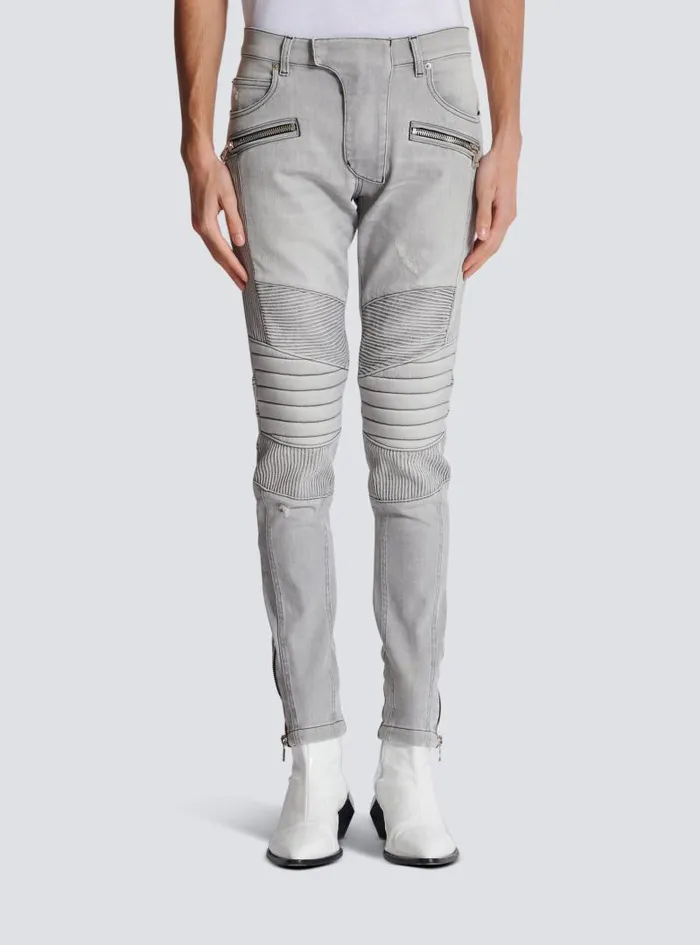 Balmain Denim Men Biker Jeans In Grey Quilted Denim Grey