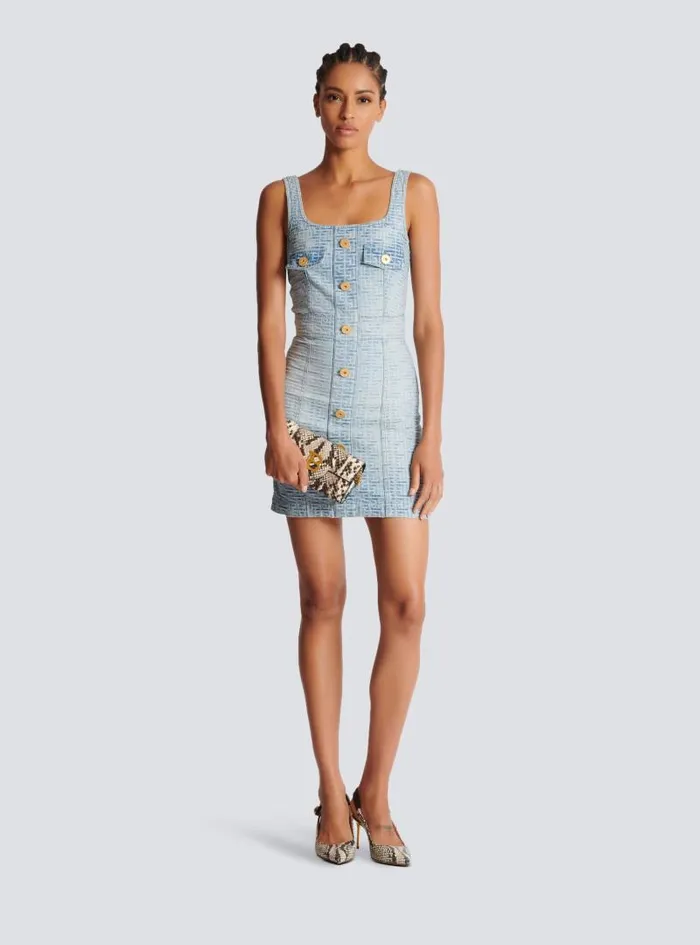 Balmain Dresses Women Monogrammed Short Denim Dress Blue