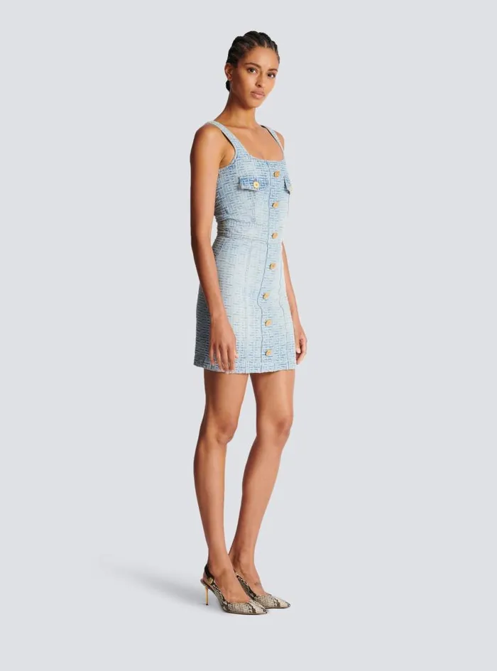 Balmain Dresses Women Monogrammed Short Denim Dress Blue