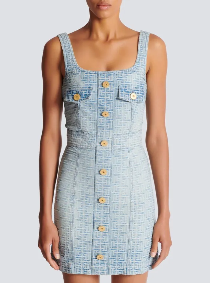 Balmain Dresses Women Monogrammed Short Denim Dress Blue