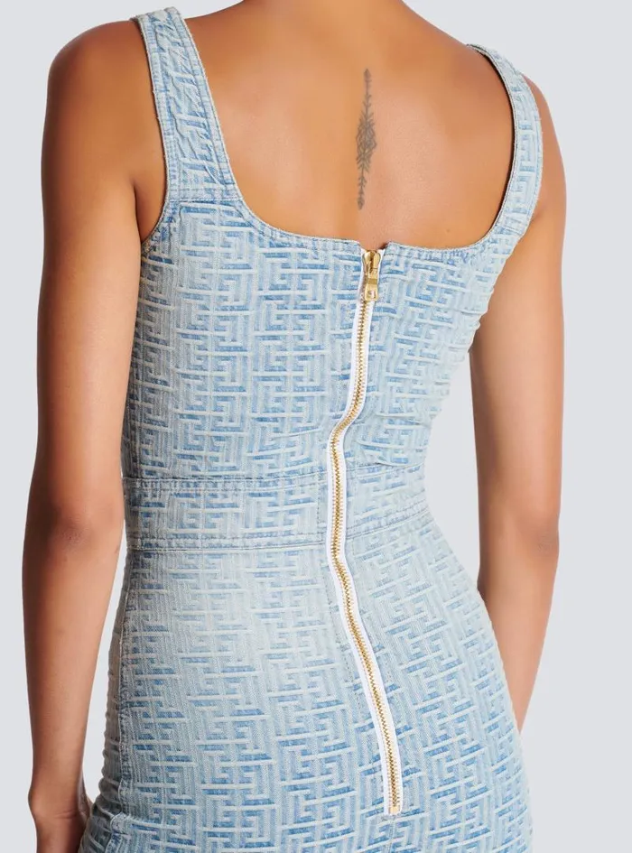Balmain Dresses Women Monogrammed Short Denim Dress Blue