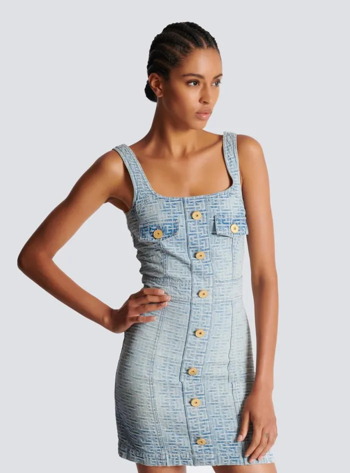 Balmain Dresses Women Monogrammed Short Denim Dress Blue