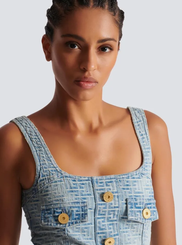 Balmain Dresses Women Monogrammed Short Denim Dress Blue