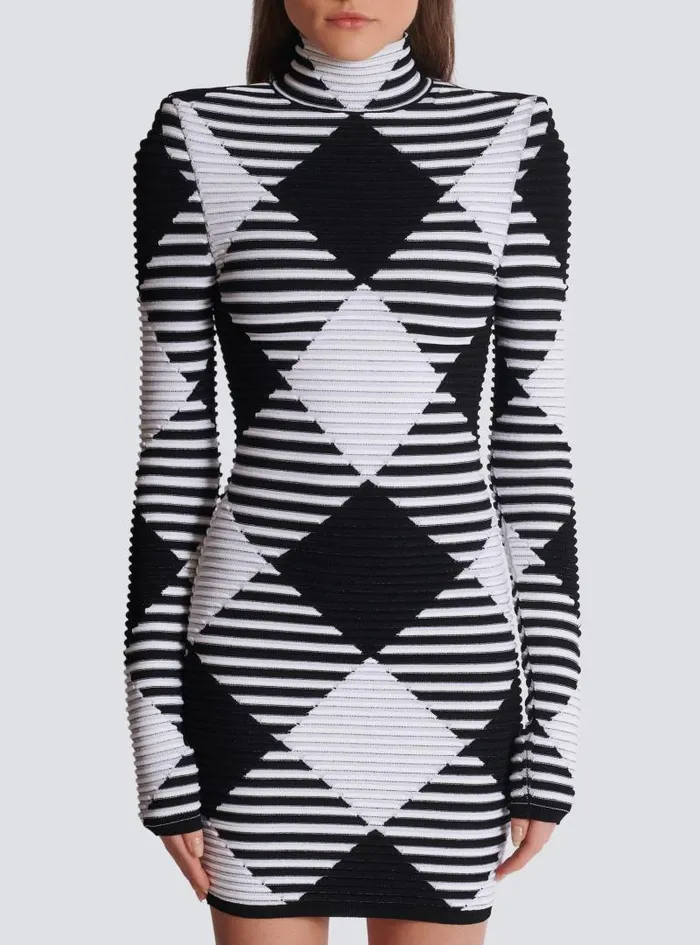Balmain Dresses Women Short Dress In Rolled Gingham Knit Black