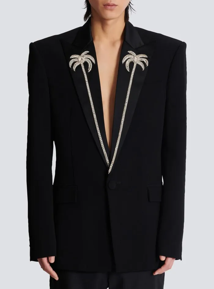 Balmain Jackets And Blazers Men 1button Jacket With Embroidered Palm Tree Collar Black