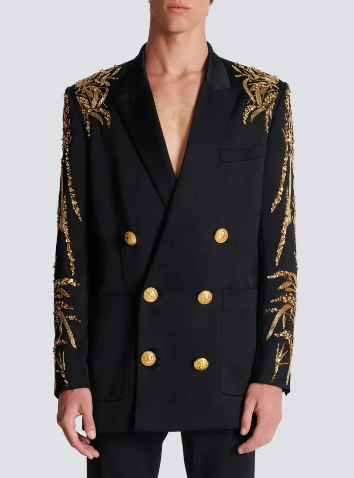 Balmain Jackets And Blazers Men Blazer With Embroidered Bamboo Sleeves Black