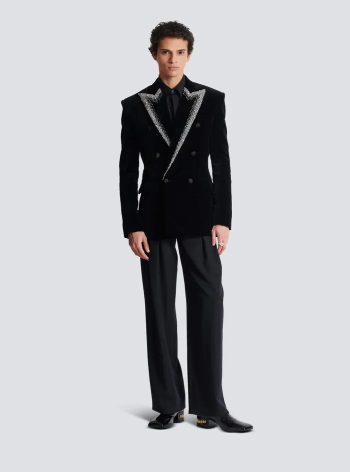 Balmain Jackets And Blazers Men Velvet Jacket With Embroidered Collar Black Balmain Jackets And Blazers Men Velvet Jacket With Embroidered Collar Black