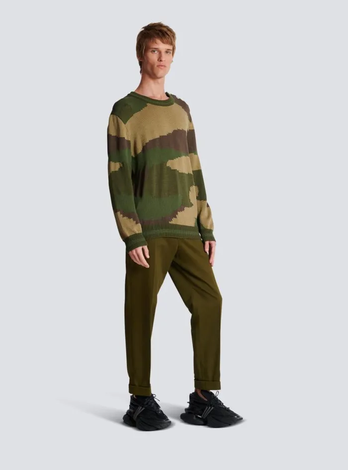 Balmain Knitwear Men Wool Camouflage Jumper Khaki