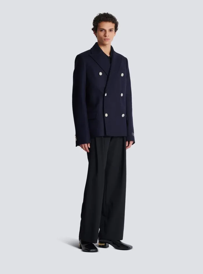 Balmain Outerwear Men Short Felted Wool Coat Navy