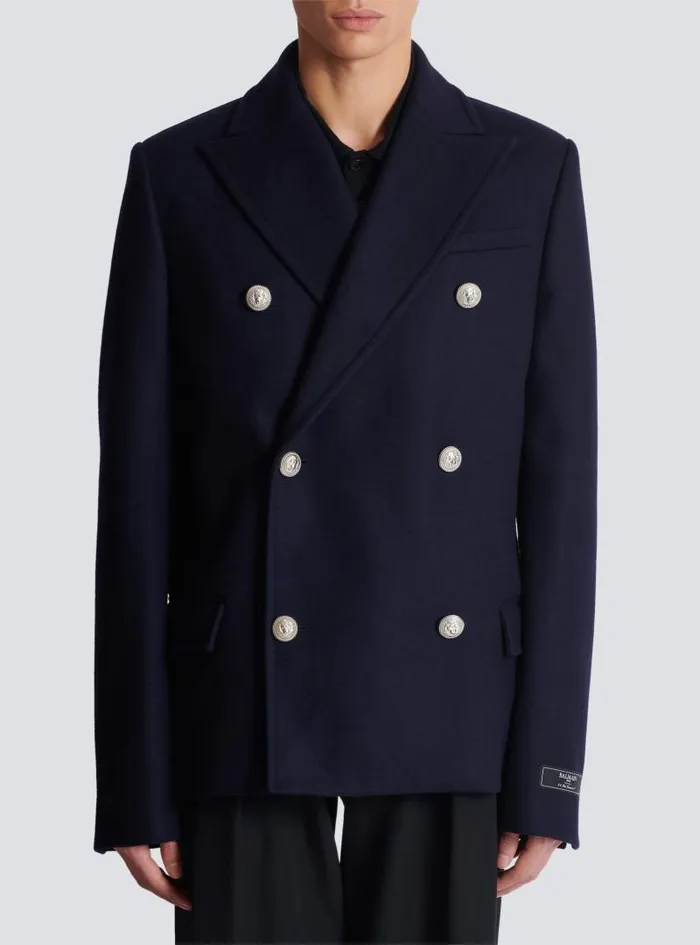 Balmain Outerwear Men Short Felted Wool Coat Navy