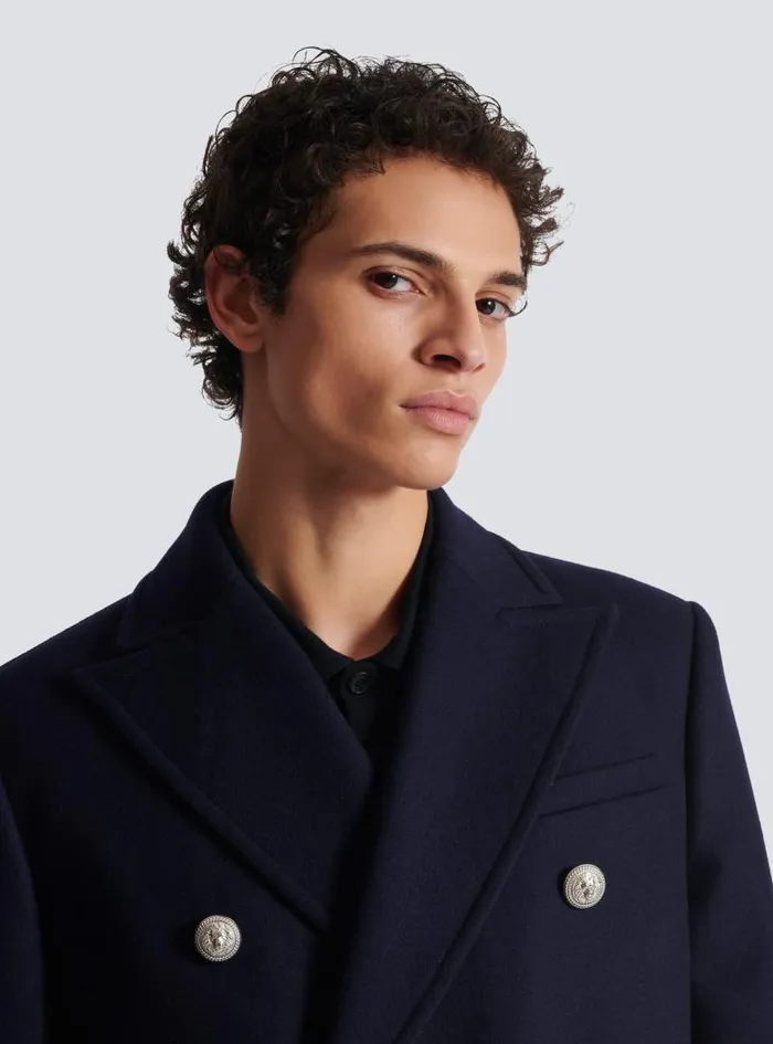Balmain Outerwear Men Short Felted Wool Coat Navy