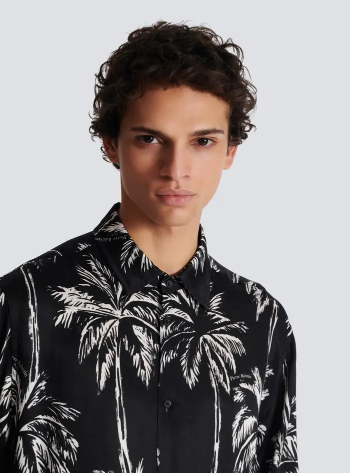Balmain Shirts And Polos Men Printed Satin Palm Tree Shirt Black