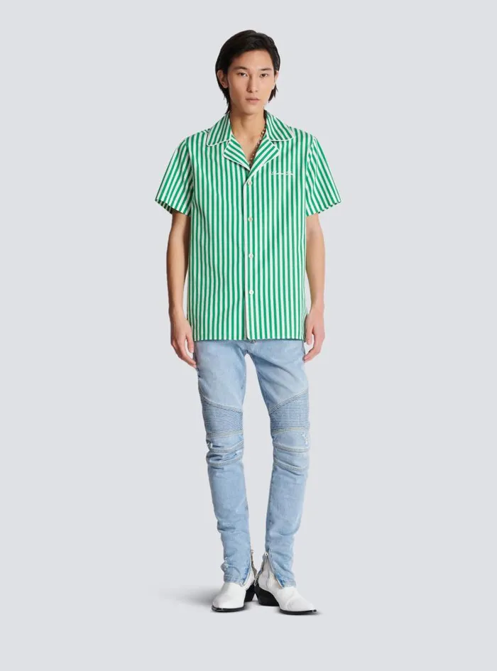 Balmain Shirts And Polos Men Shortsleeved Striped Cotton Pyjama Shirt Green