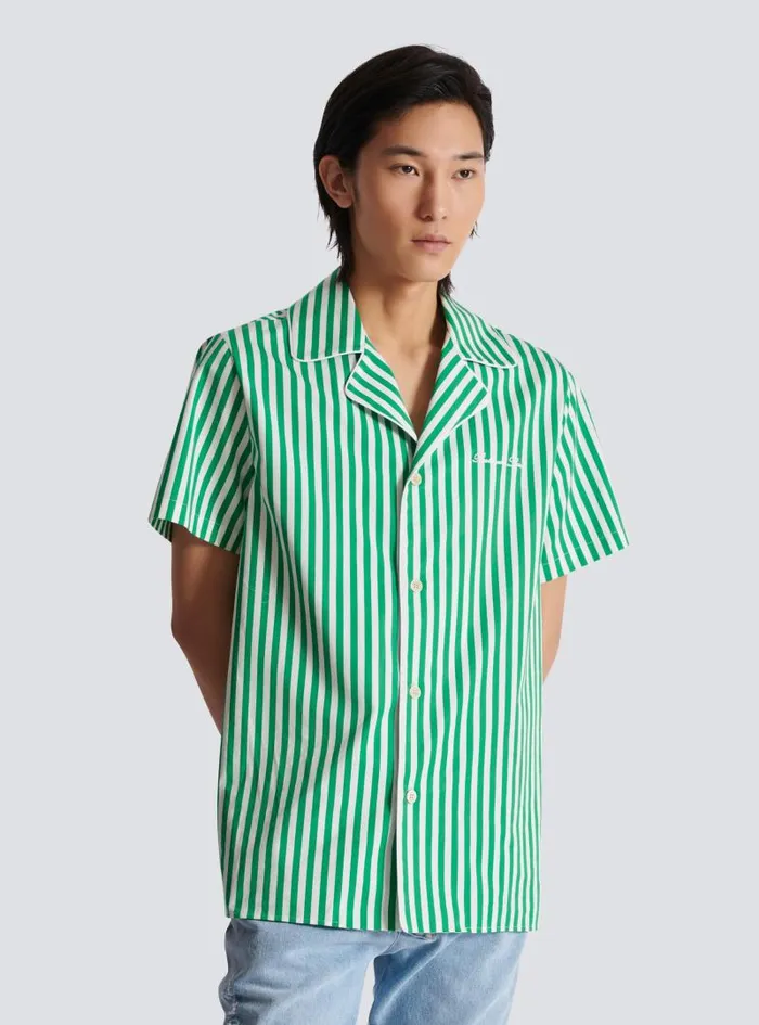 Balmain Shirts And Polos Men Shortsleeved Striped Cotton Pyjama Shirt Green