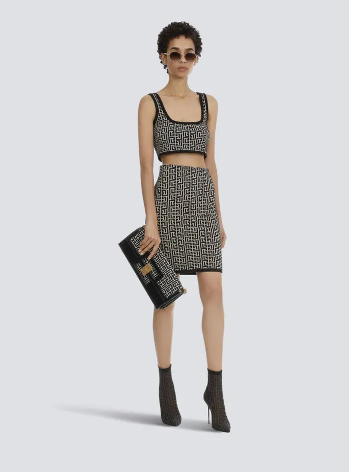 Balmain Tops And Shirts Women Cropped Bicolor Jacquard Sports Bra Top With Monogram Black Balmain Tops And Shirts Women Cropped Bicolor Jacquard Sports Bra Top With Monogram Black