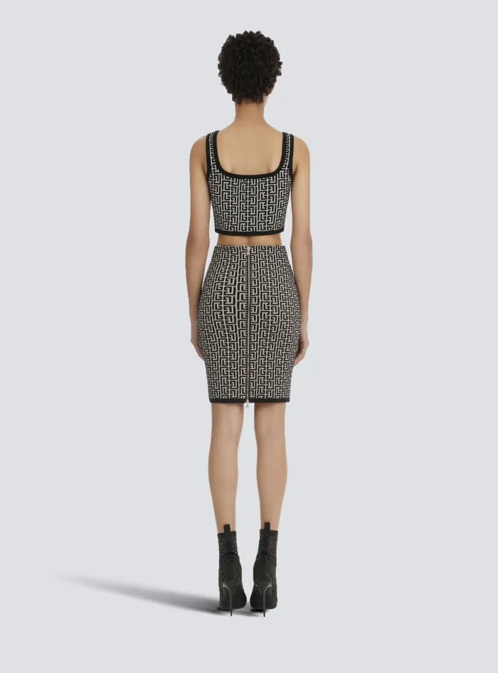 Balmain Tops And Shirts Women Cropped Bicolor Jacquard Sports Bra Top With Monogram Black