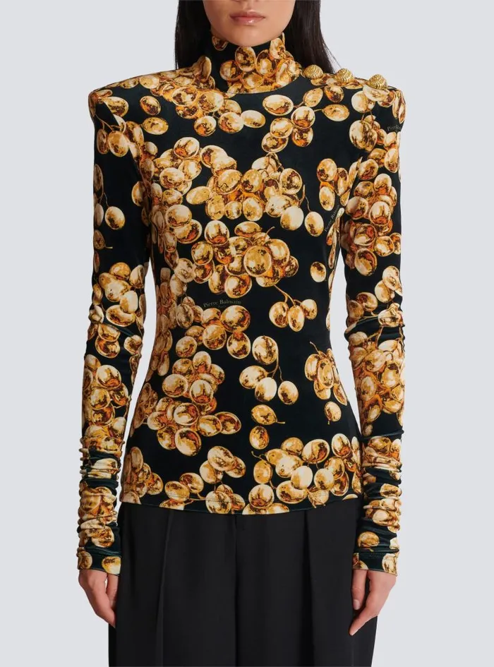 Balmain Tops And Shirts Women Velvet Top With Grape Print Gold