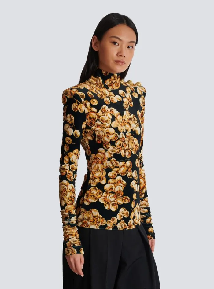 Balmain Tops And Shirts Women Velvet Top With Grape Print Gold