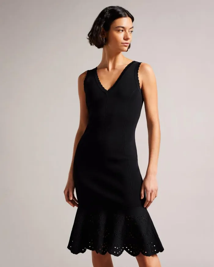 Broderie Stitch Midi Knit Dress Black Women Ted Baker Clothing