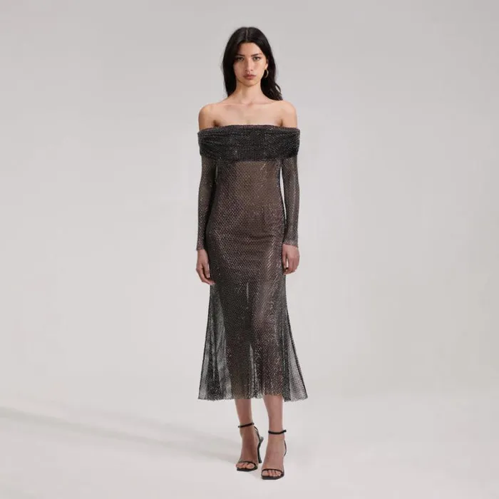 Dresses Woman SelfPortrait Black Rhinestone Fishnet Midi Dress