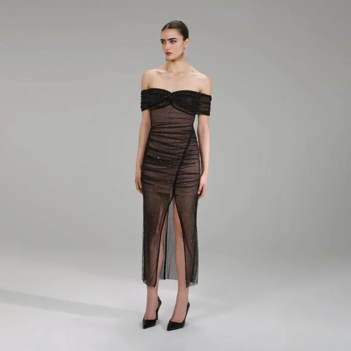Dresses Woman SelfPortrait Diamant Fishnet Off Shoulder Midi Dress Dresses Woman SelfPortrait Diamant Fishnet Off Shoulder Midi Dress