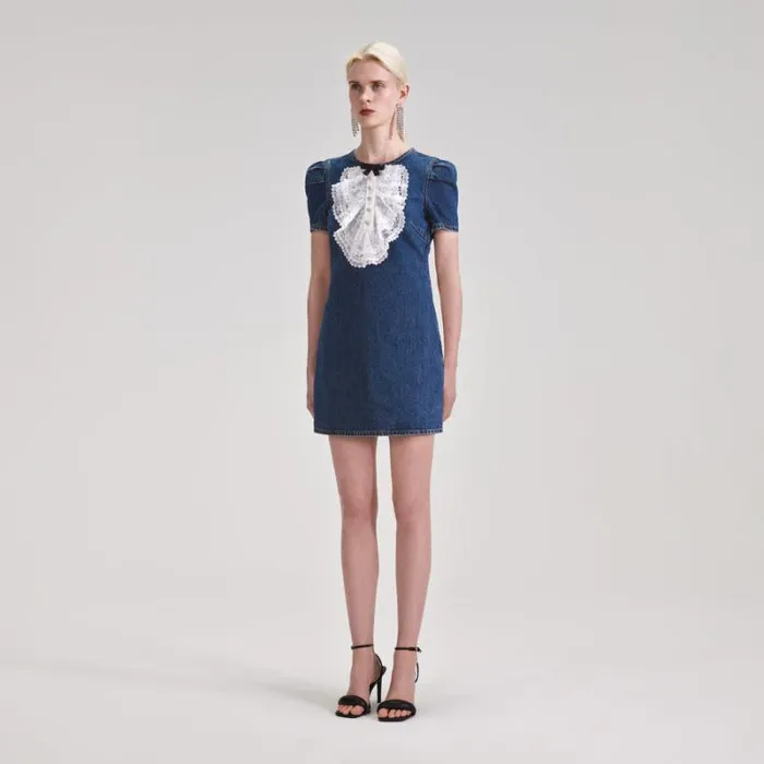 Dresses Woman SelfPortrait Lace Bib Denim Mini Dress Dresses Woman SelfPortrait Lace Bib Denim Mini Dress