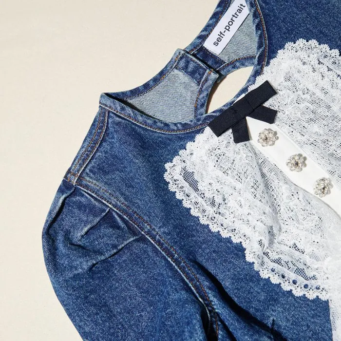 Dresses Woman SelfPortrait Lace Bib Denim Mini Dress Dresses Woman SelfPortrait Lace Bib Denim Mini Dress