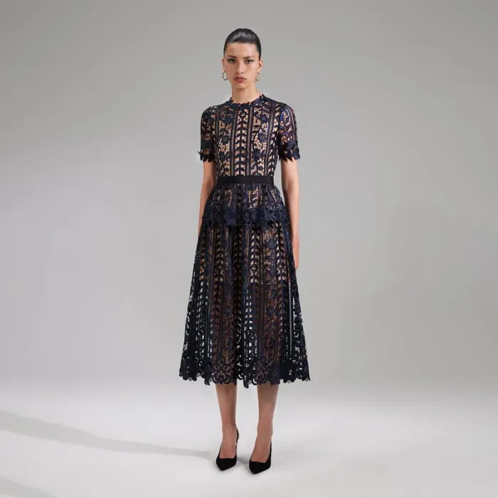 Dresses Woman SelfPortrait Navy Lace Midi Dress Dresses Woman SelfPortrait Navy Lace Midi Dress