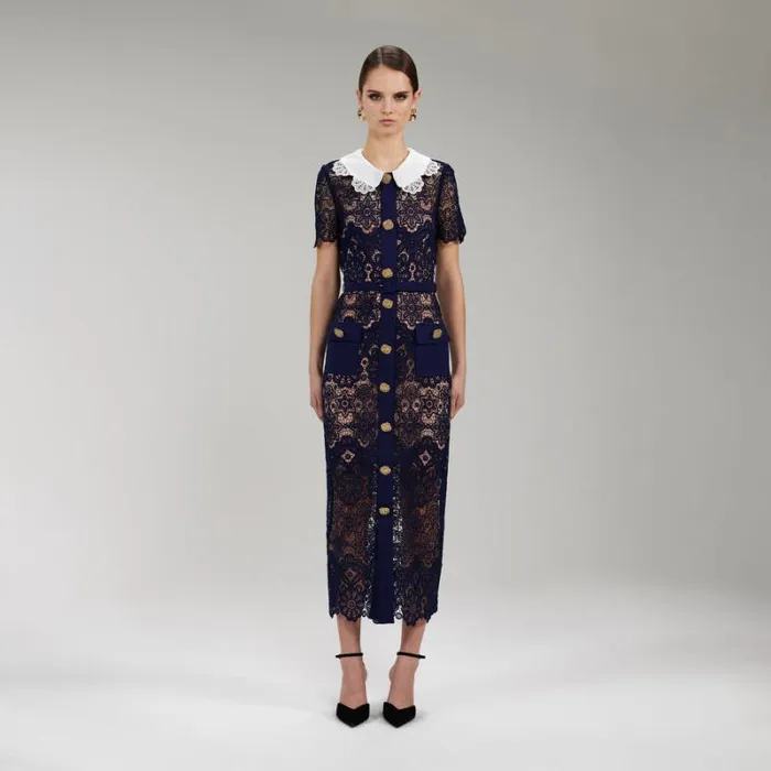 Dresses Woman SelfPortrait Navy Lace Midi Dress Dresses Woman SelfPortrait Navy Lace Midi Dress
