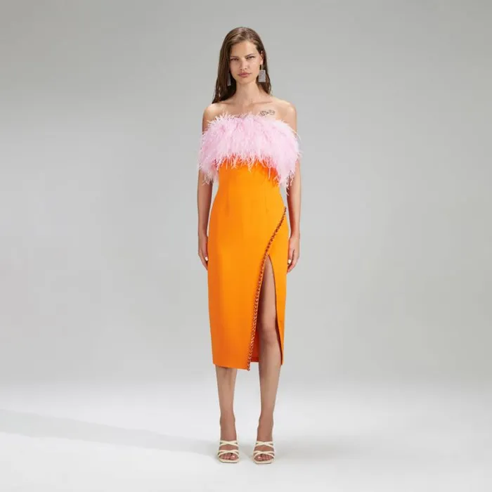 Dresses Woman SelfPortrait Orange Crepe Midi Dress With Trim