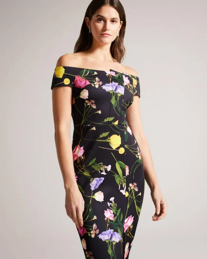 Floral Bardot Bodycon Dress Black Women Ted Baker Clothing Floral Bardot Bodycon Dress Black Women Ted Baker Clothing