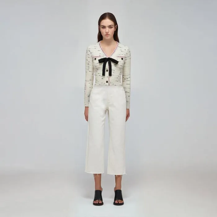 Knitwear Woman SelfPortrait Ivory Tape Knit Cardigan Knitwear Woman SelfPortrait Ivory Tape Knit Cardigan