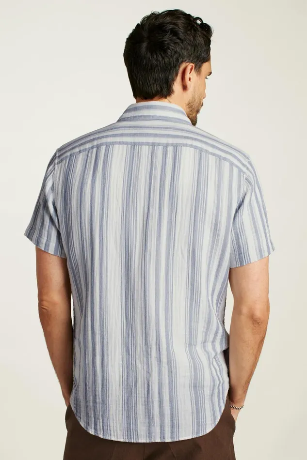 Men Casual Shirts Bonobos Riviera Short Sleeve Shirt Blue White Gauze Stripe