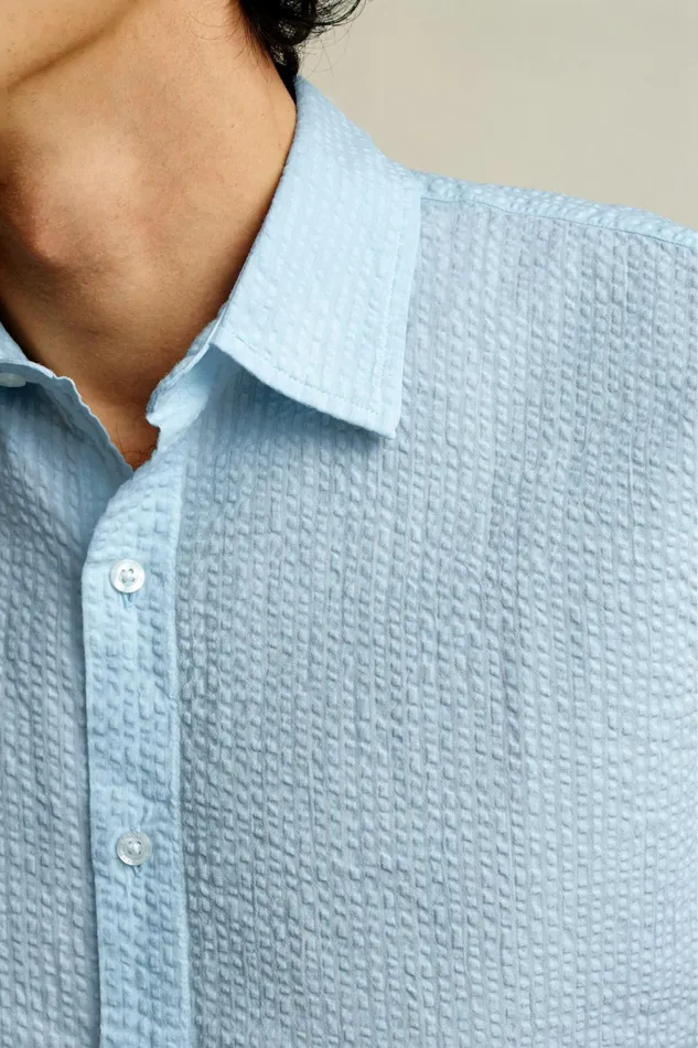Men Casual Shirts Bonobos Riviera Short Sleeve Shirt Light Blue Seersucker