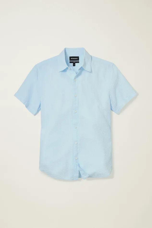 Men Casual Shirts Bonobos Riviera Short Sleeve Shirt Light Blue Seersucker
