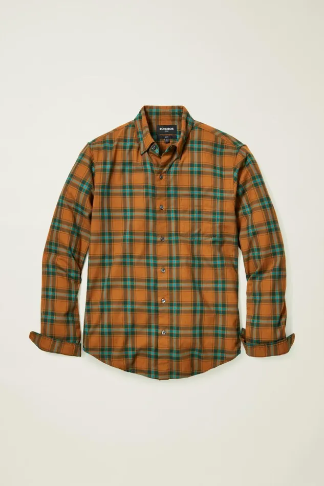 Men Flannels and Shirt Jackets Bonobos Everyday Lightweight Flannel Shirt Earth Brown Plaid