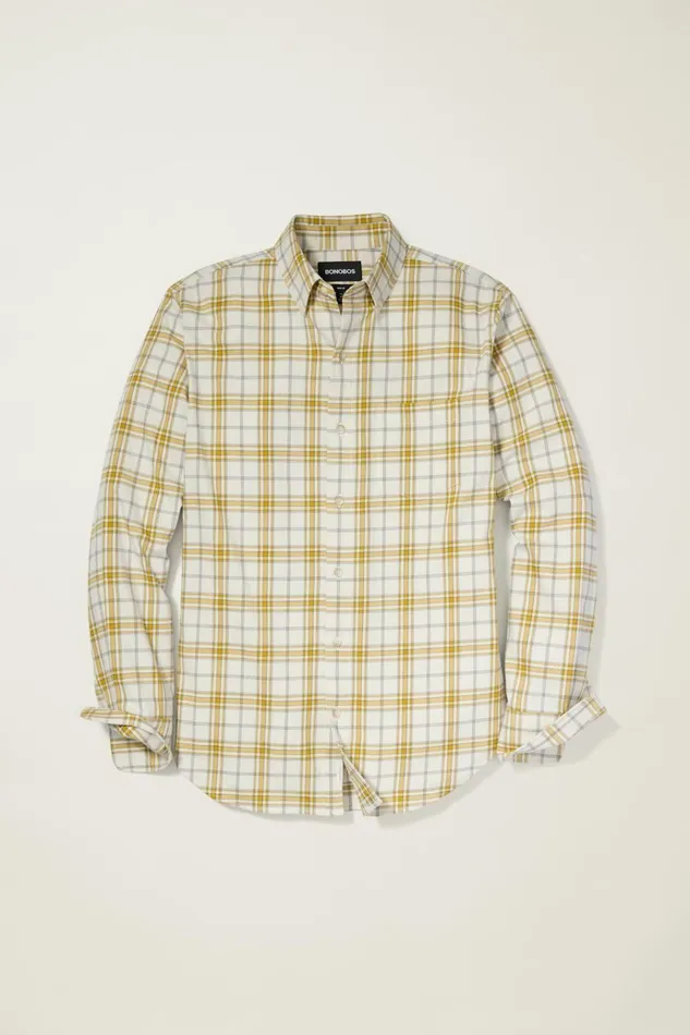 Men Flannels and Shirt Jackets Bonobos Everyday Lightweight Flannel Shirt Olive Khaki Plaid