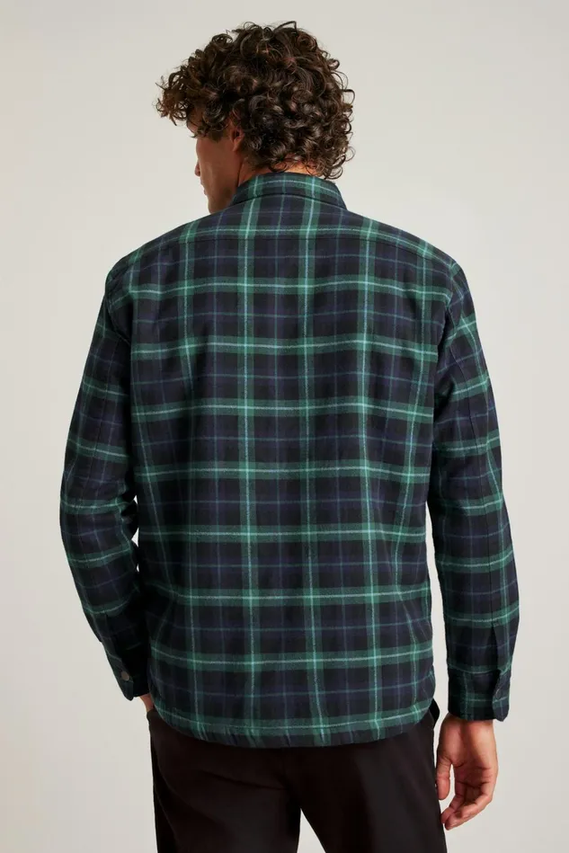 Men Flannels and Shirt Jackets Bonobos Sherpa Shacket Black And Blues Plaid