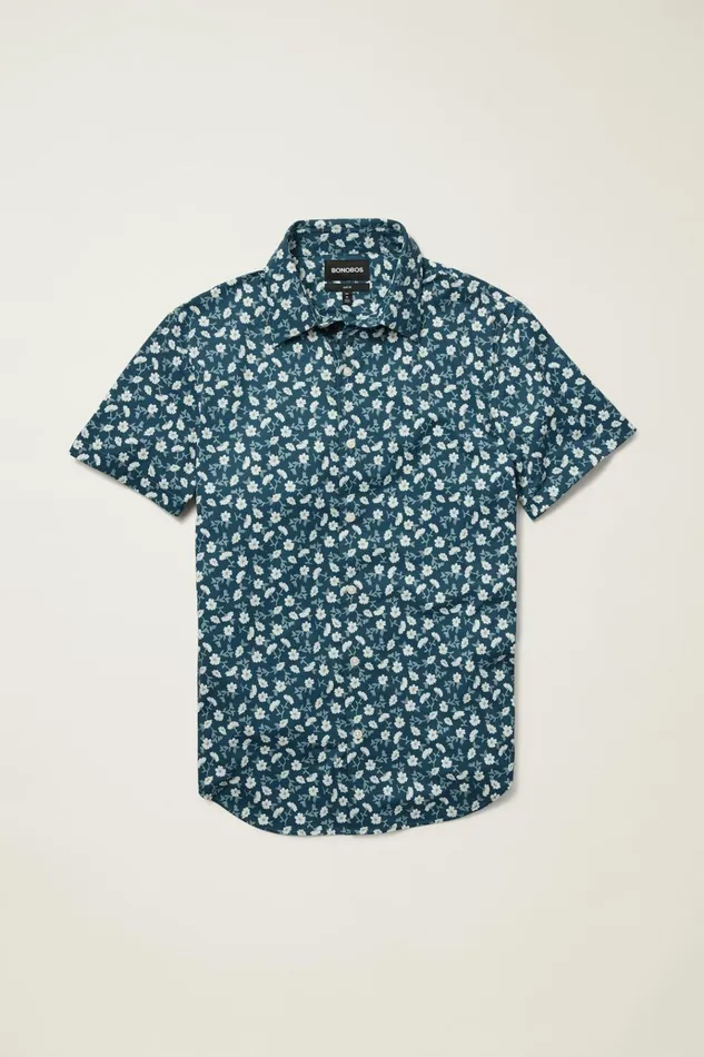 Men Short Sleeve Shirts Bonobos Tech Short Sleeve Shirt Blue Floral Branch