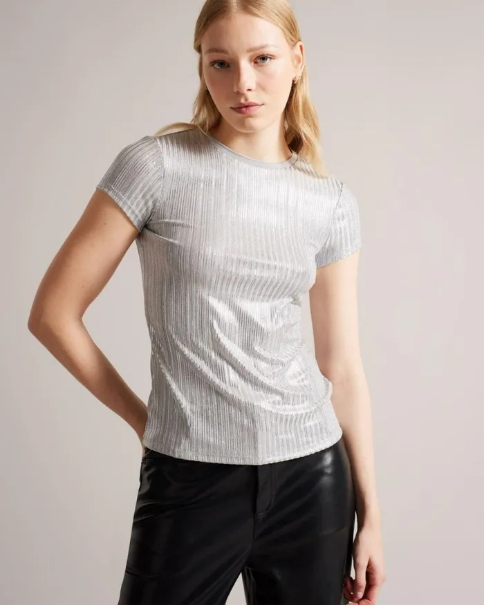 Metallic Fitted T Shirt Silver Women Ted Baker Tops and TShirts Metallic Fitted T Shirt Silver Women Ted Baker Tops and TShirts