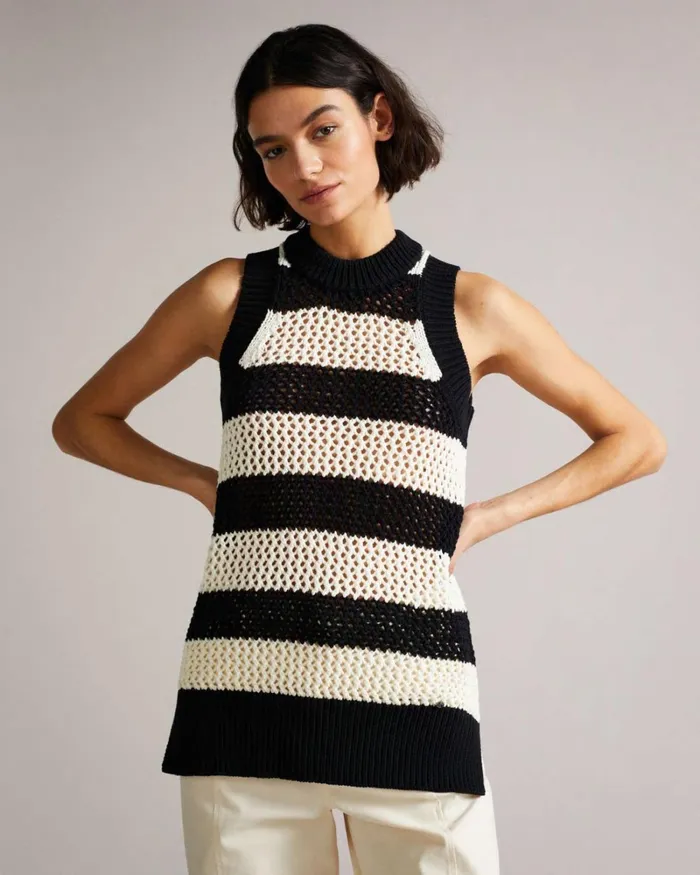 Open Stitched Striped Tank Top White Women Ted Baker Sweaters Open Stitched Striped Tank Top White Women Ted Baker Sweaters