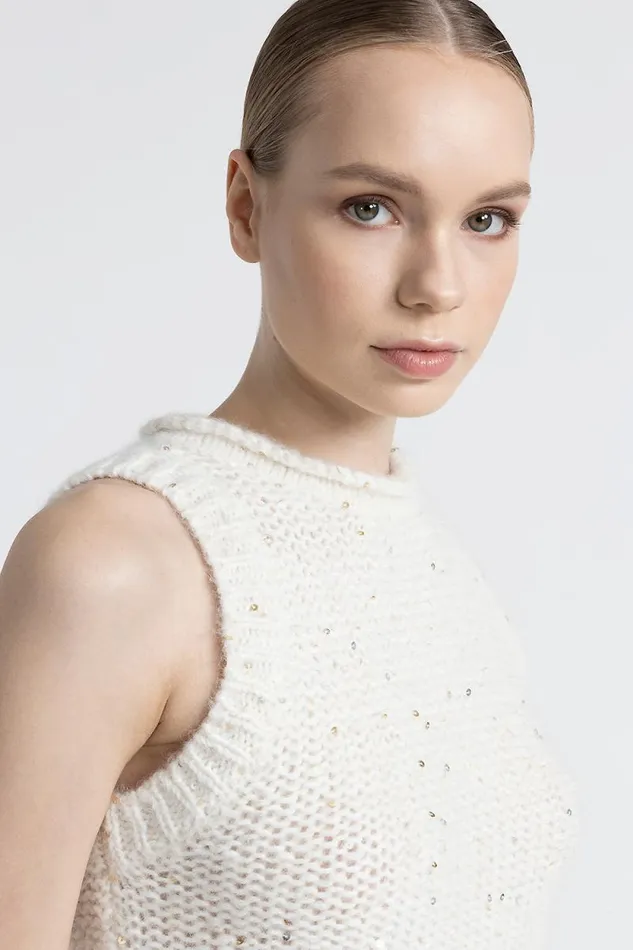 Peserico Knitwear Woman Mouline Alpaca Wool Top With Sequins Natural White Peserico Knitwear Woman Mouline Alpaca Wool Top With Sequins Natural White