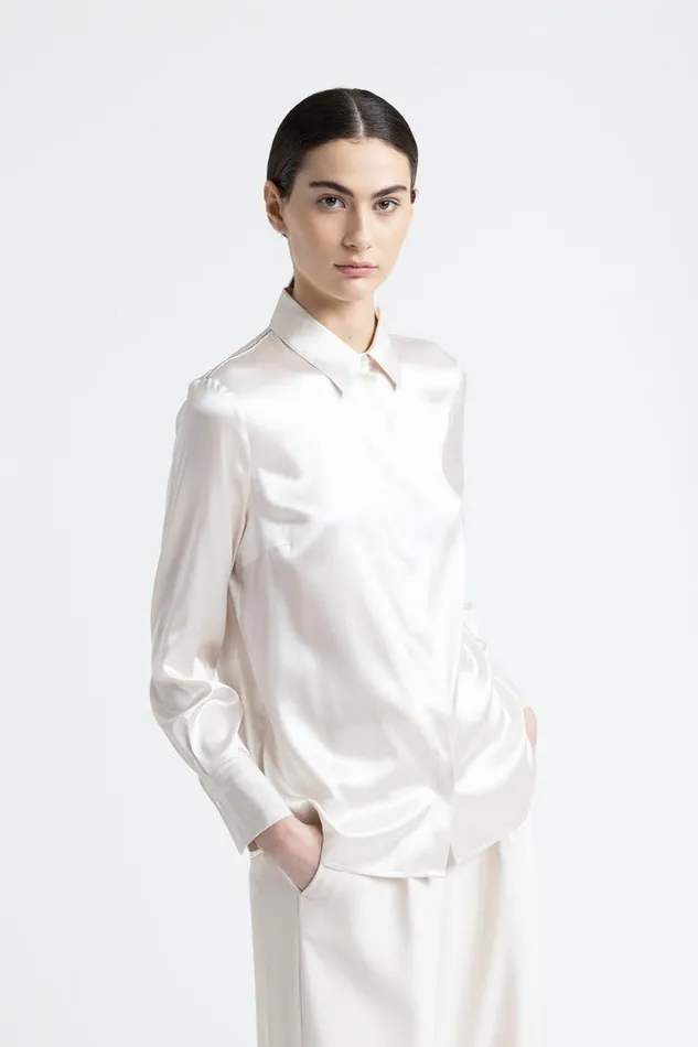 Peserico Shirts And Blouses Woman Silk Shirt With Punto Luce Trim Hornbeam