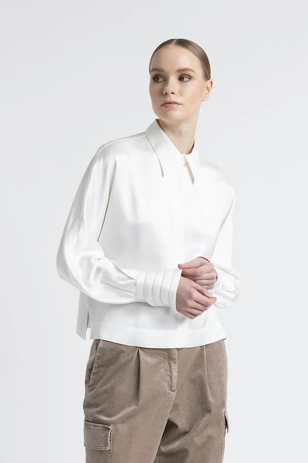 Peserico Shirts And Blouses Woman Viscose Satin Oversize Cropped Shirt Natural White