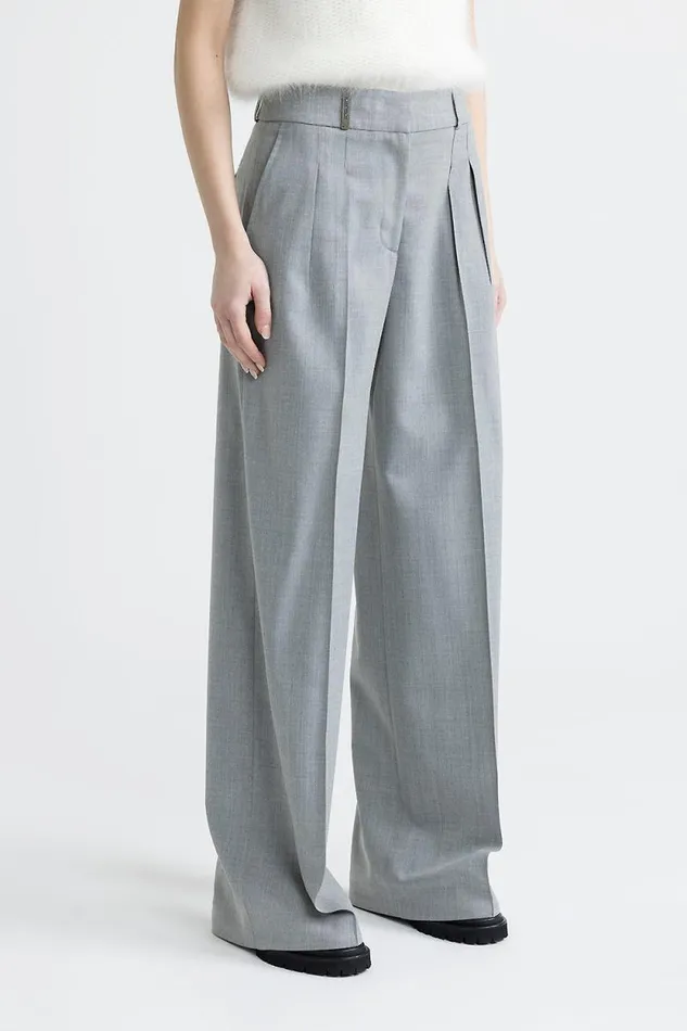 Peserico Trousers Woman Stretch Wool Pleated Palazzo Trousers Granite