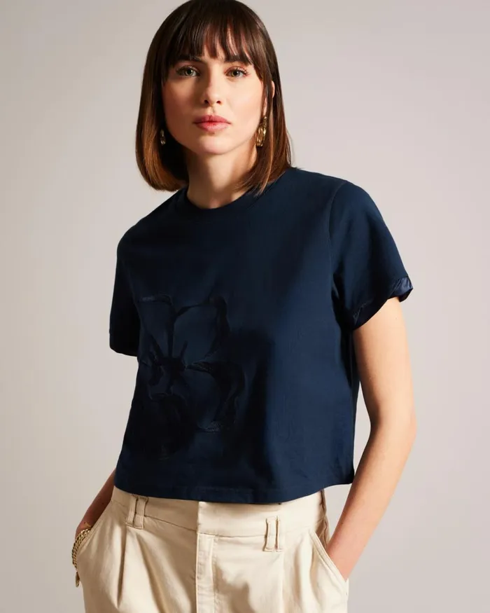 Roll Sleeve Tee With Satin Stitch Magnolia Navy Women Ted Baker Clothing