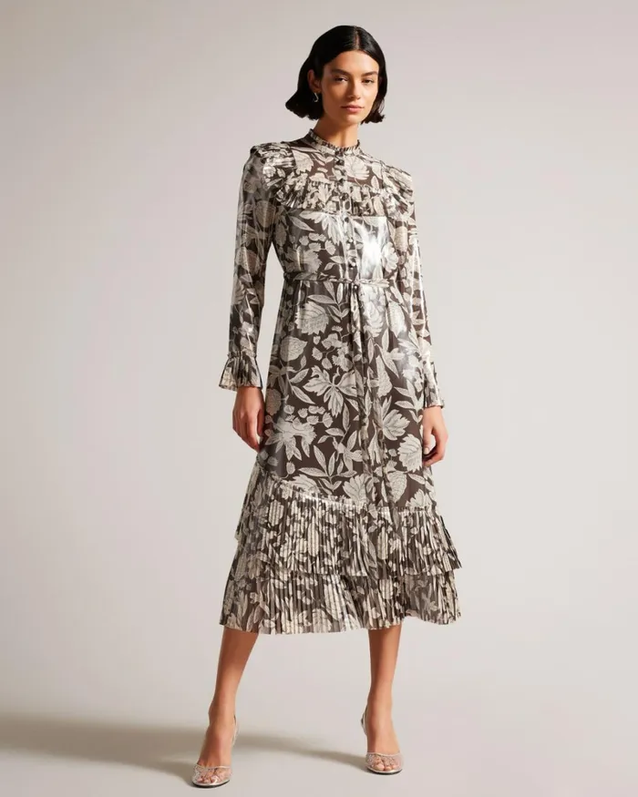 Ruffle Detail Midi Shirt Dress Dark Brown Women Ted Baker Clothing Ruffle Detail Midi Shirt Dress Dark Brown Women Ted Baker Clothing