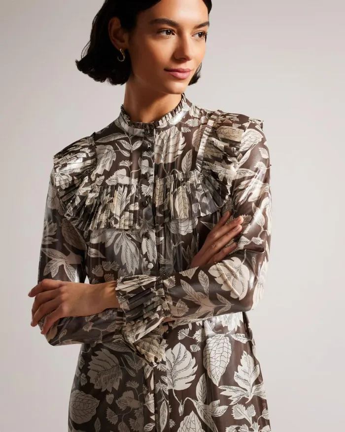 Ruffle Detail Midi Shirt Dress Dark Brown Women Ted Baker Clothing Ruffle Detail Midi Shirt Dress Dark Brown Women Ted Baker Clothing